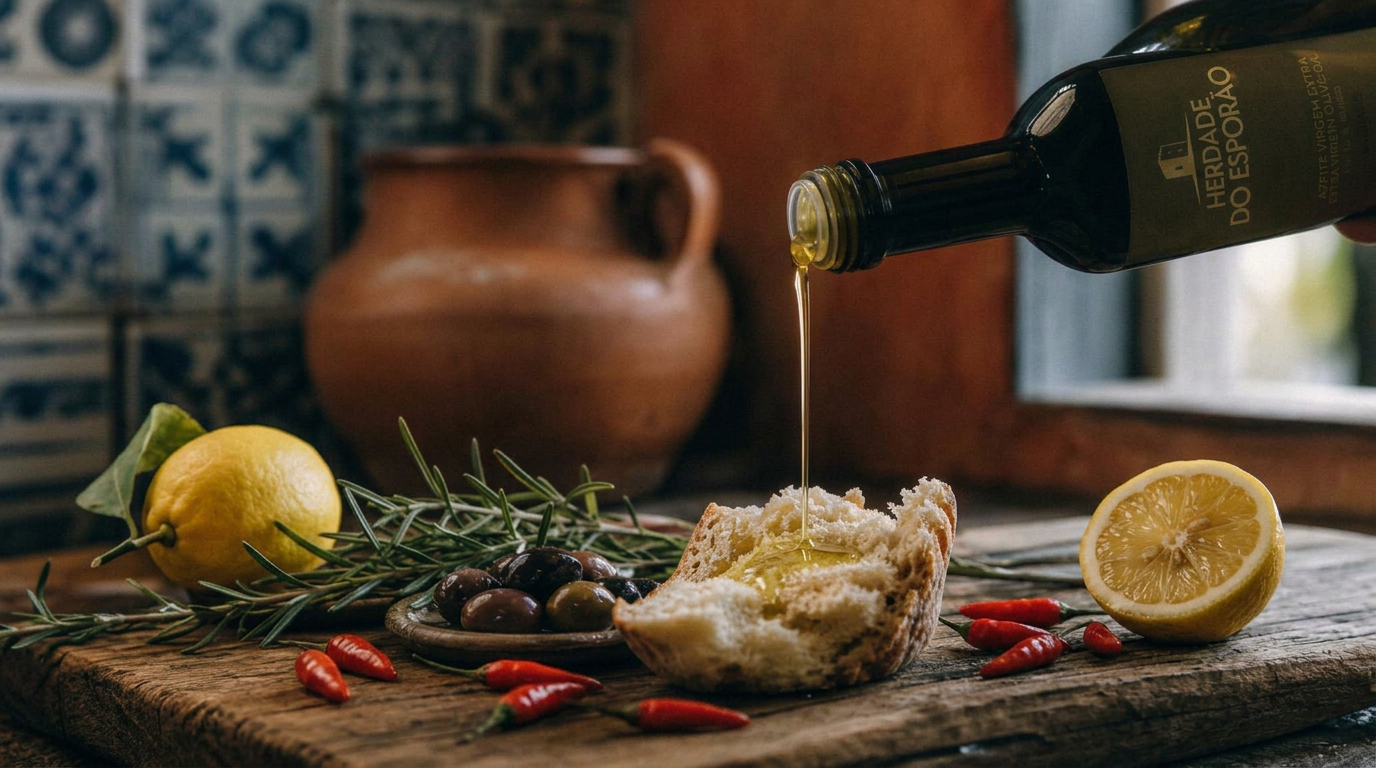 Portugisisk olivolja hälls över rustikt bröd med citron och röd piri-piri